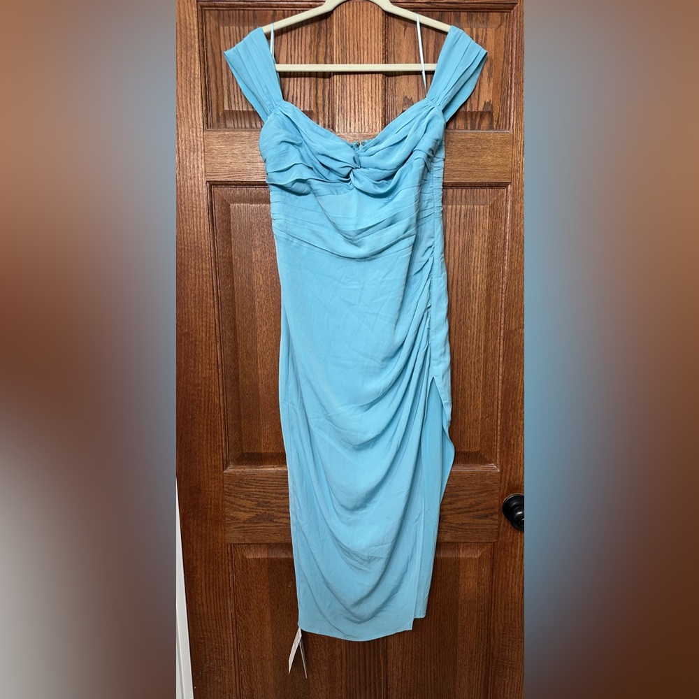 Abercrombie & Fitch Light Blue Draped Off the Shoulder Midi Dress